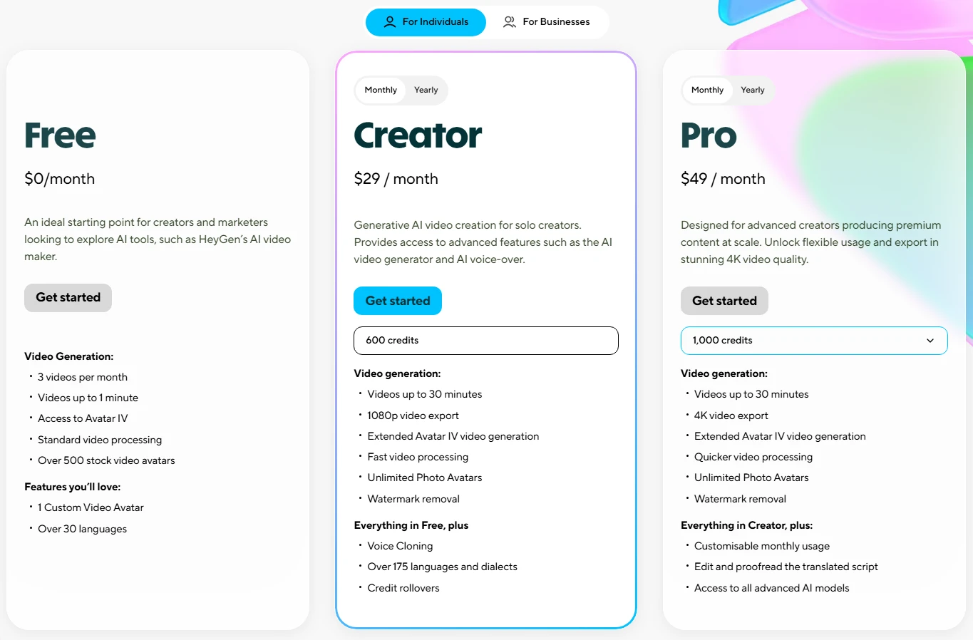 HeyGen pricing page showing the Free, Creator and Pro plans with monthly prices