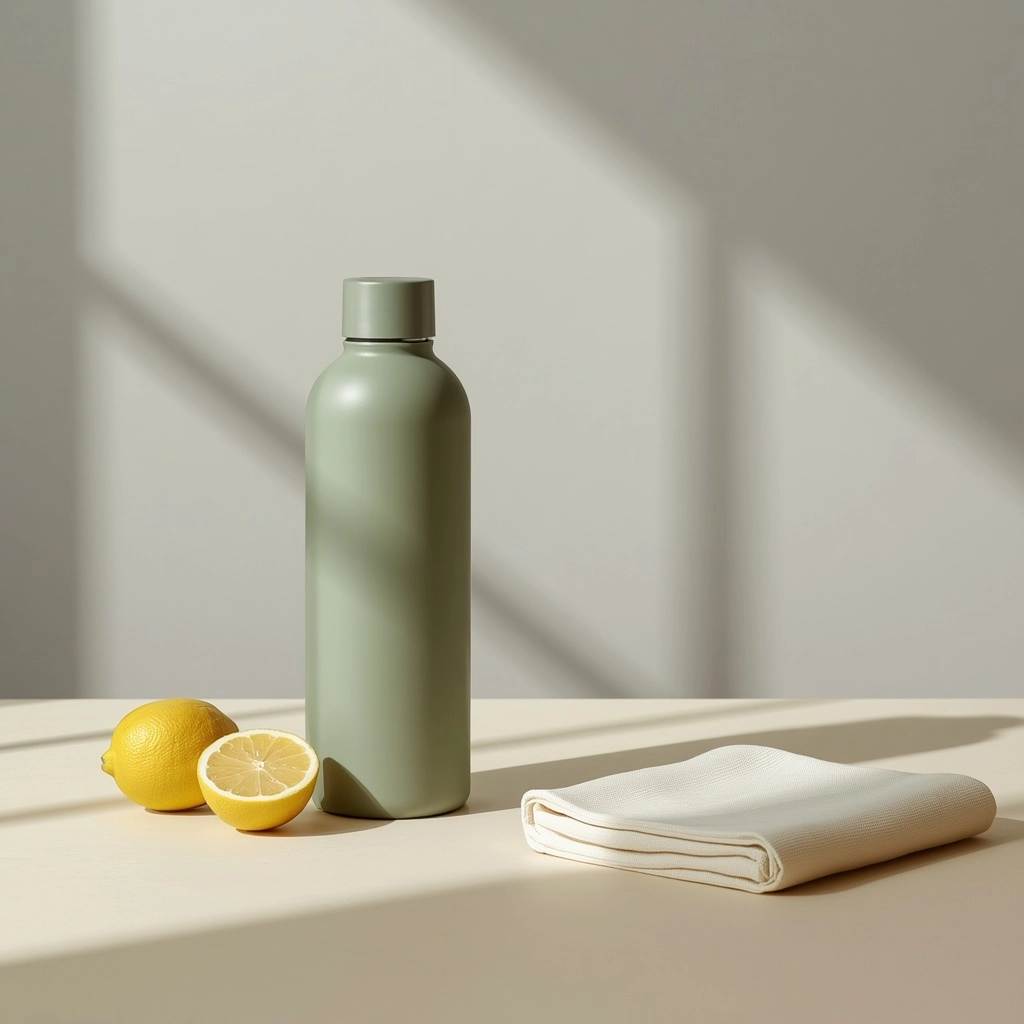 Leonardo sage-bottle image with one whole lemon, one lemon half, folded linen, and strong window shadows.