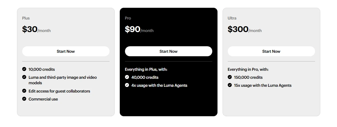 Luma pricing page showing the Plus, Pro and Ultra plans with monthly prices