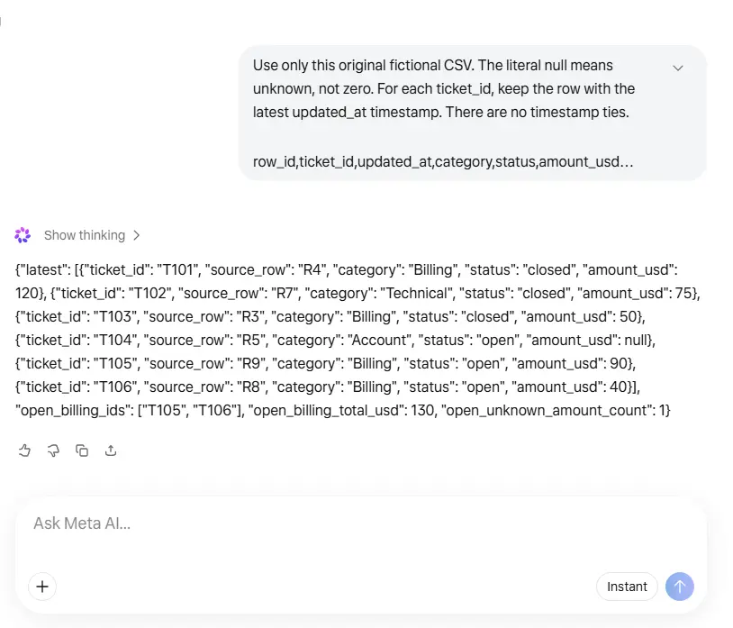 Meta AI ticket extraction preserving null and reporting an open Billing total of 130.