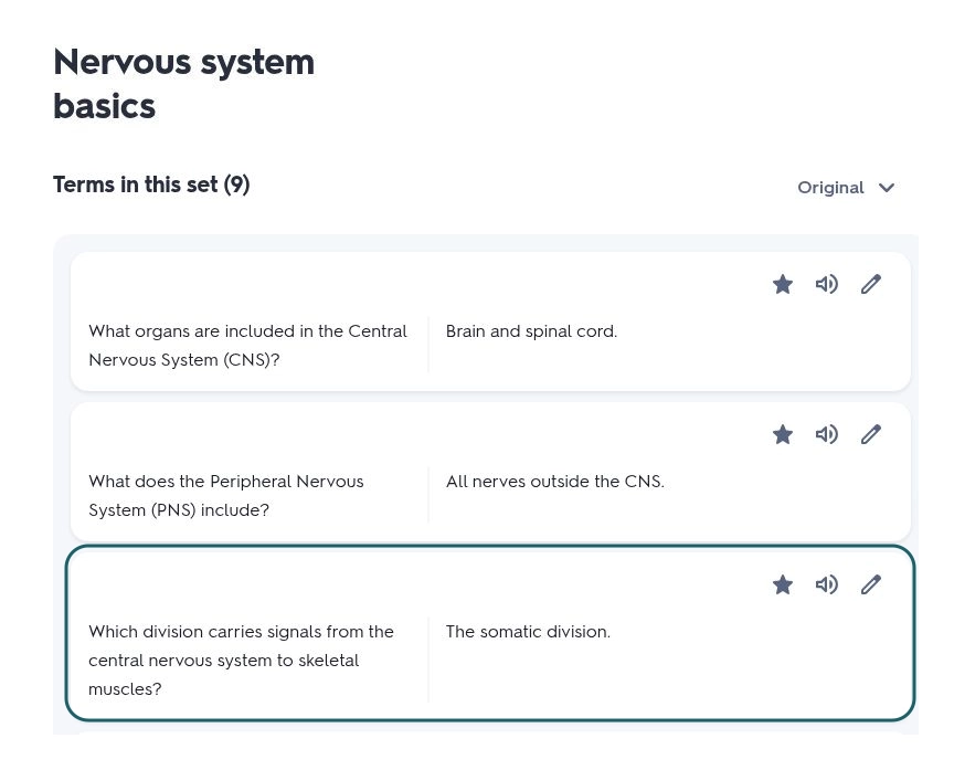 Quizlet nervous system flashcards with a highlighted question about signals to skeletal muscles
