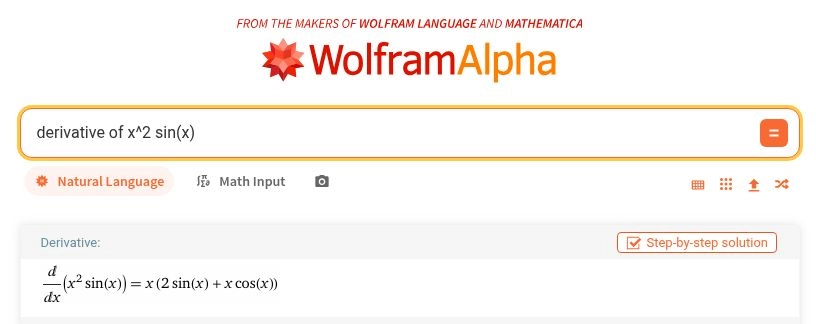 Wolfram|Alpha result for the derivative of x squared times sin x