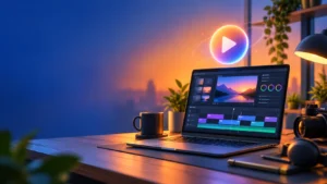 Laptop with a video editing timeline and glowing play button, representing the best AI video generators in 2026