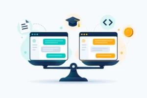 Illustration of two chat windows balanced on a scale for a ChatGPT vs Gemini comparison