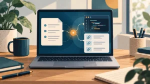 Editorial illustration of a laptop with email, code, and research notes